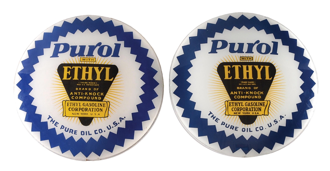 SET OF TWO: PUROL ETHYL GASOLINE 15" GLOBE LENSES.