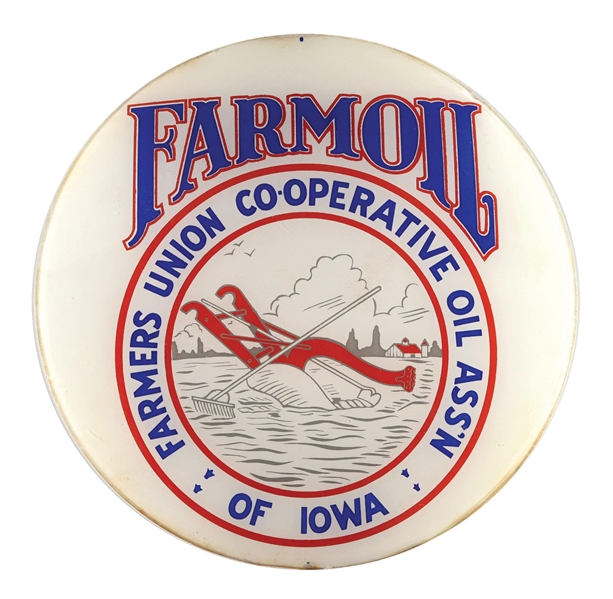 FARMERS UNION FARMOIL GASOLINE SINGLE 15" GLOBE LENS W/ PLOW GRAPHIC. 