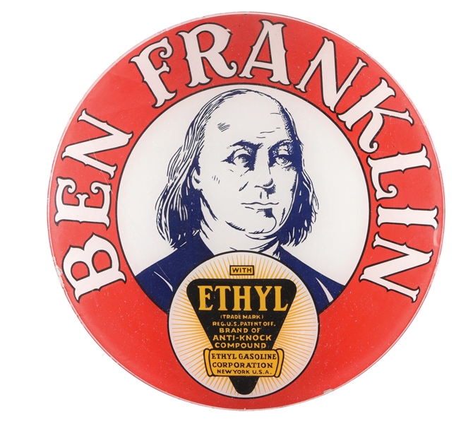 BEN FRANKLIN GASOLINE WITH ETHYL SINGLE 13.25" GLOBE LENS.