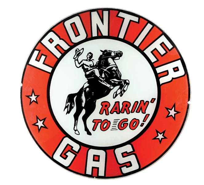 FRONTIER "RARIN TO GO!" GASOLINE SINGLE 13.5" GLOBE LENS W/ COWBOY GRAPHIC. 