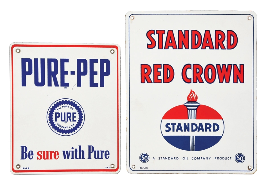 COLLECTION OF 2: PURE-PEP & STANDARD RED CROWN PORCELAIN PUMP PLATE SIGNS.