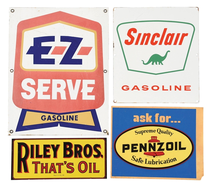 COLLECTION OF 4: VARIOUS SINCLAIR, RILEY BROS, PENNZOIL & E-Z SERVE SIGNS.