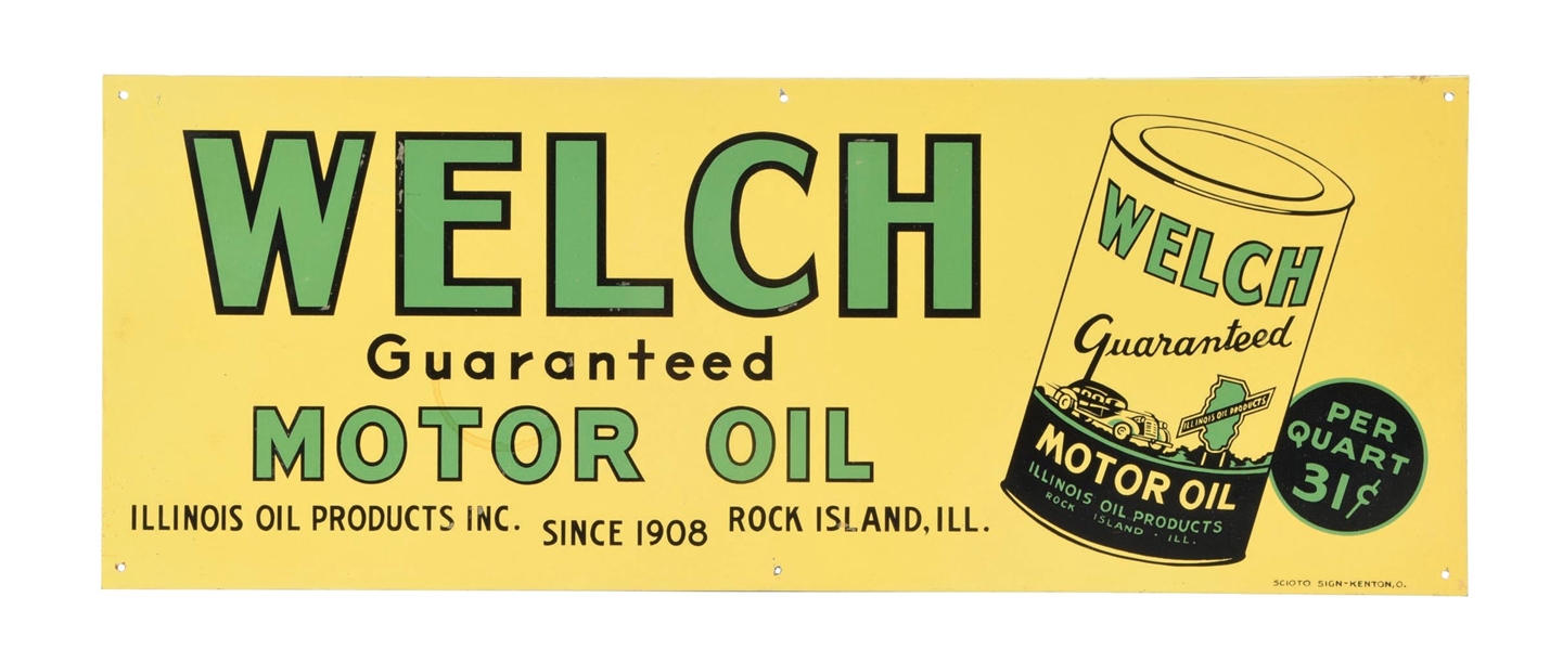 WELCH GUARANTEED MOTOR OIL TIN SERVICE STATION SIGN W/ QUART CAN GRAPHIC. 