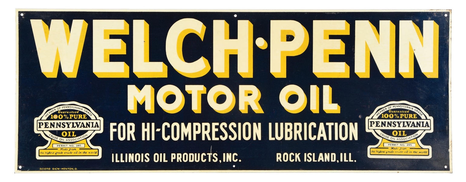 WELCH-PENN MOTOR OILS TIN SERVICE STATION SIGN.