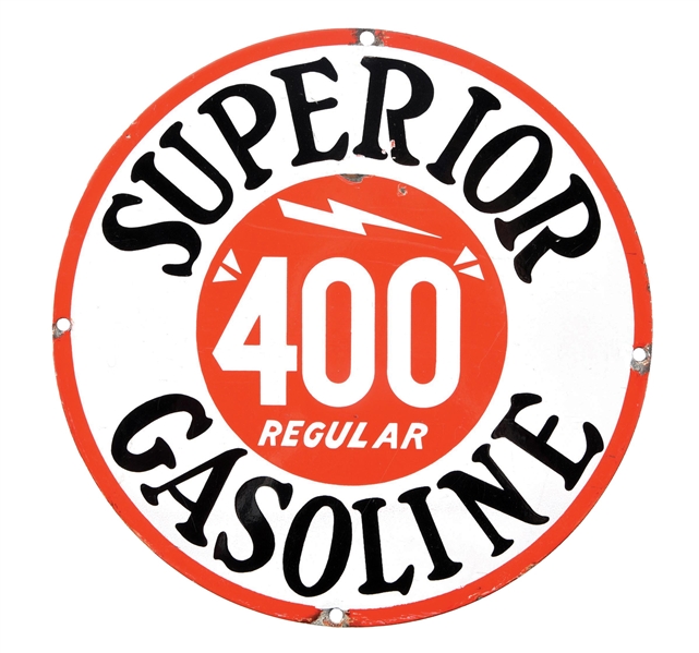 SUPERIOR "400 REGULAR" GASOLINE PORCELAIN PUMP PLATE SIGN. 