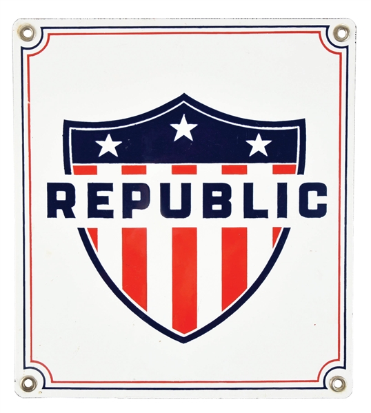 REPUBLIC GASOLINE PORCELAIN PUMP PLATE SIGN. 