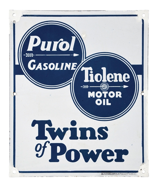 PUROL GASOLINE & TIOLENE MOTOR OILS "TWINS OF POWER" PORCELAIN SIGN.