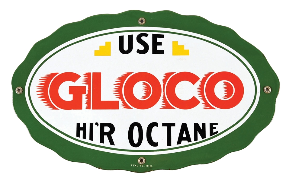 USE GLOCO HIR OCTANE PORCELAIN PUMP PLATE SIGN.