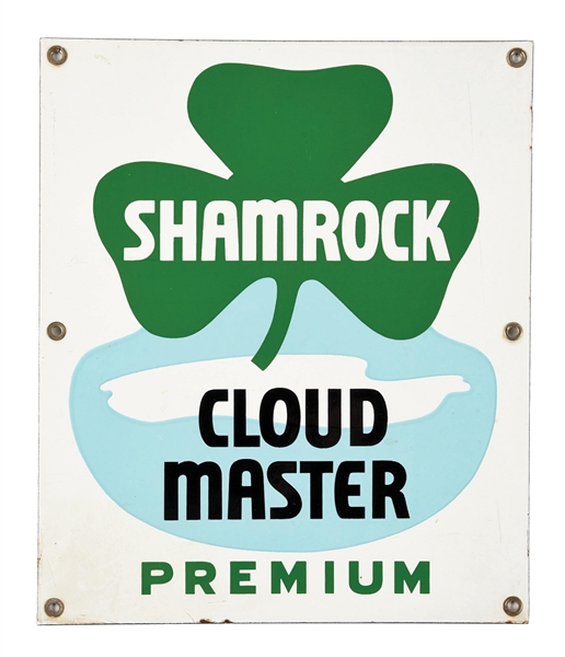 SHAMROCK CLOUD MASTER PREMIUM GASOLINE PORCELAIN PUMP PLATE SIGN.