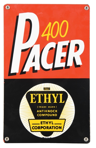 PACER 400 GASOLINE WITH ETHYL PORCELAIN PUMP PLATE SIGN.