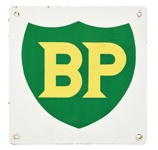 BRITISH PETROLEUM PORCELAIN PUMP PLATE SIGN W/ SHIELD GRAPHIC. 