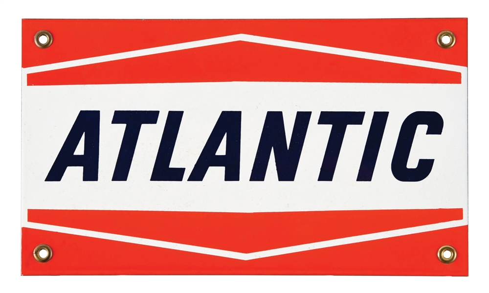 N.O.S. ATLANTIC GASOLINE PORCELAIN PUMP PLATE SIGN.