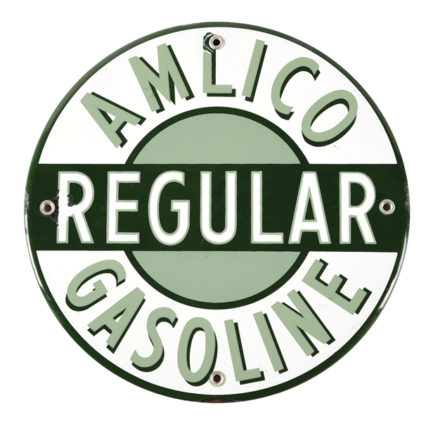 AMLICO REGULAR GASOLINE PORCELAIN PUMP PLATE SIGN.