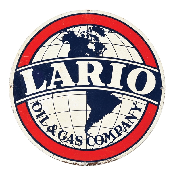 RARE LARIO OIL & GAS COMPANY TIN SIGN W/ GLOBE GRAPHIC. 