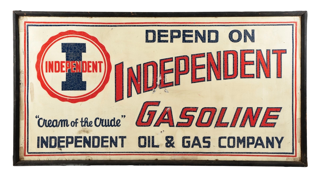 DEPEND ON INDEPENDENT GASOLINE TIN SIGN W/ ORIGINAL FRAME.