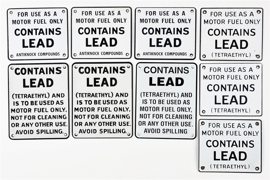 COLLECTION OF 9: CONTAINS LEAD PORCELAIN GAS PUMP PLATE SIGNS.