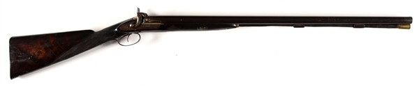 (A) LARGE J.E. BOOKER SIDE BY SIDE PERCUSSION SHOTGUN.