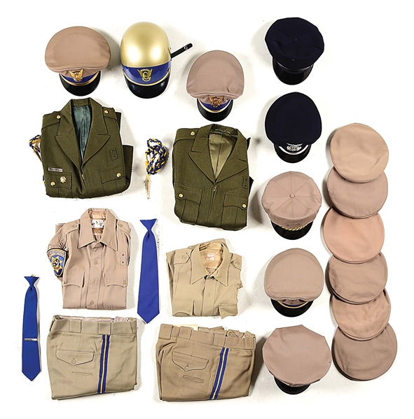 LOT OF 1950S CALIFORNIA HIGHWAY PATROL UNIFORMS AND HATS. 