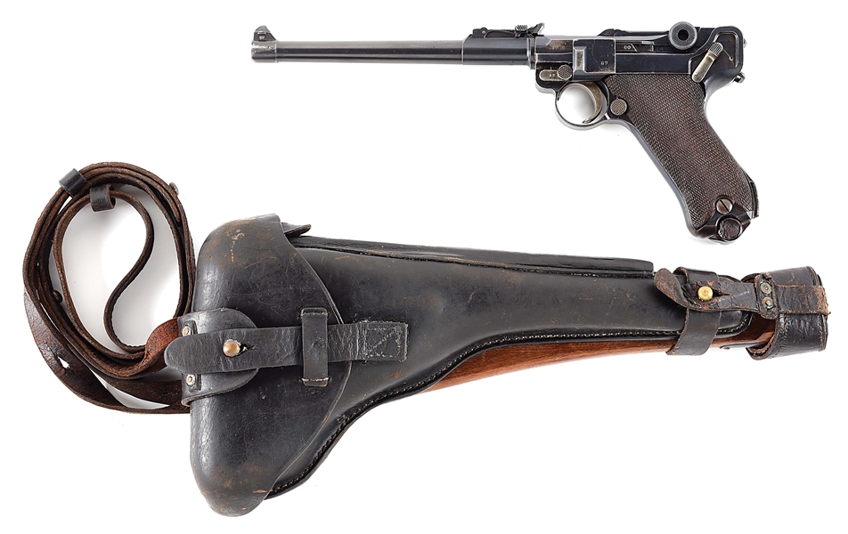 (C) 1916 DWM ARTILLERY LUGER SEMI AUTOMATIC PISTOL WITH STOCK AND HOLSTER.