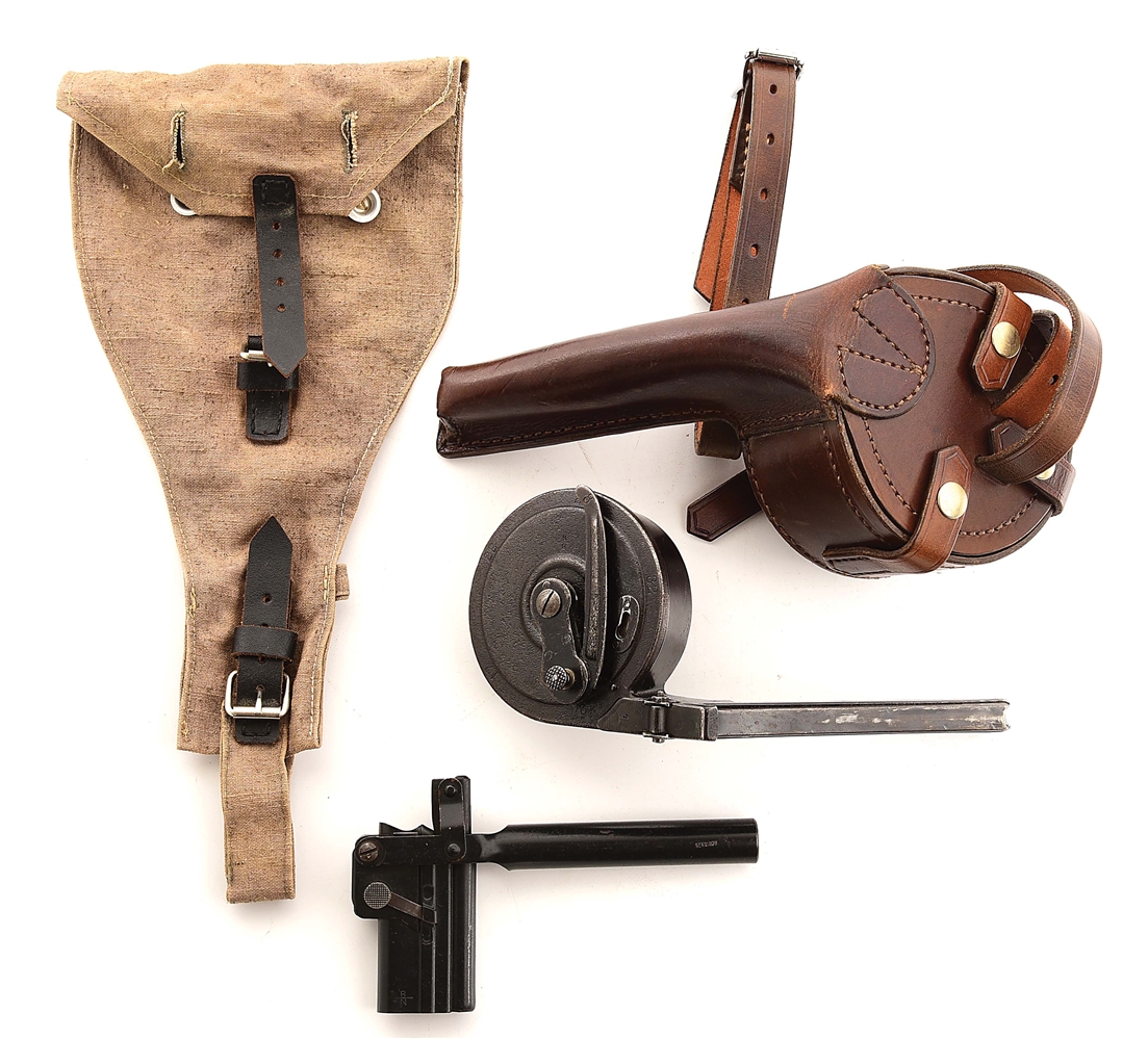 "BING" MANUFACTURED GERMAN LUGER SNAIL DRUM WITH LOADER, LEATHER CARRIER, AND CANVAS CARRIER.