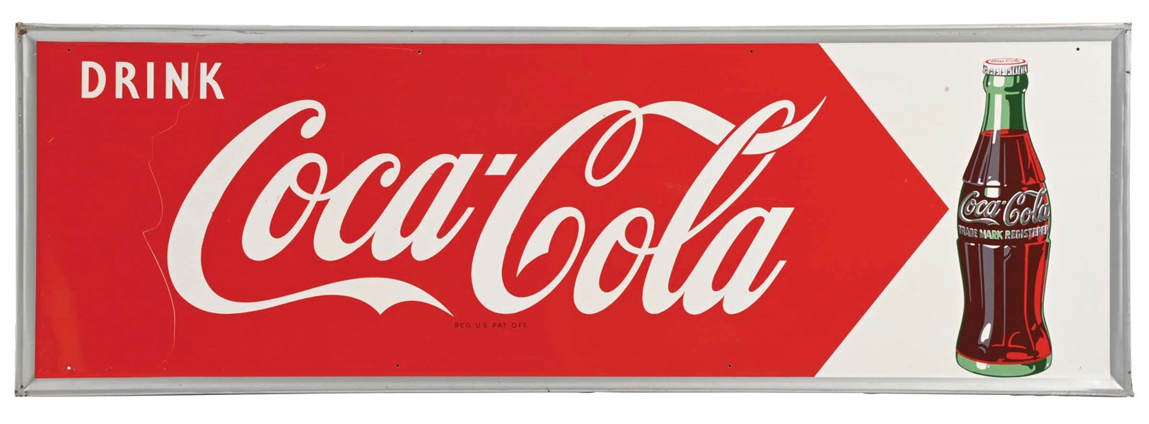 "DRINK COCA-COLA" SELF FRAMED PAINTED METAL SIGN W/ BOTTLE GRAPHIC.