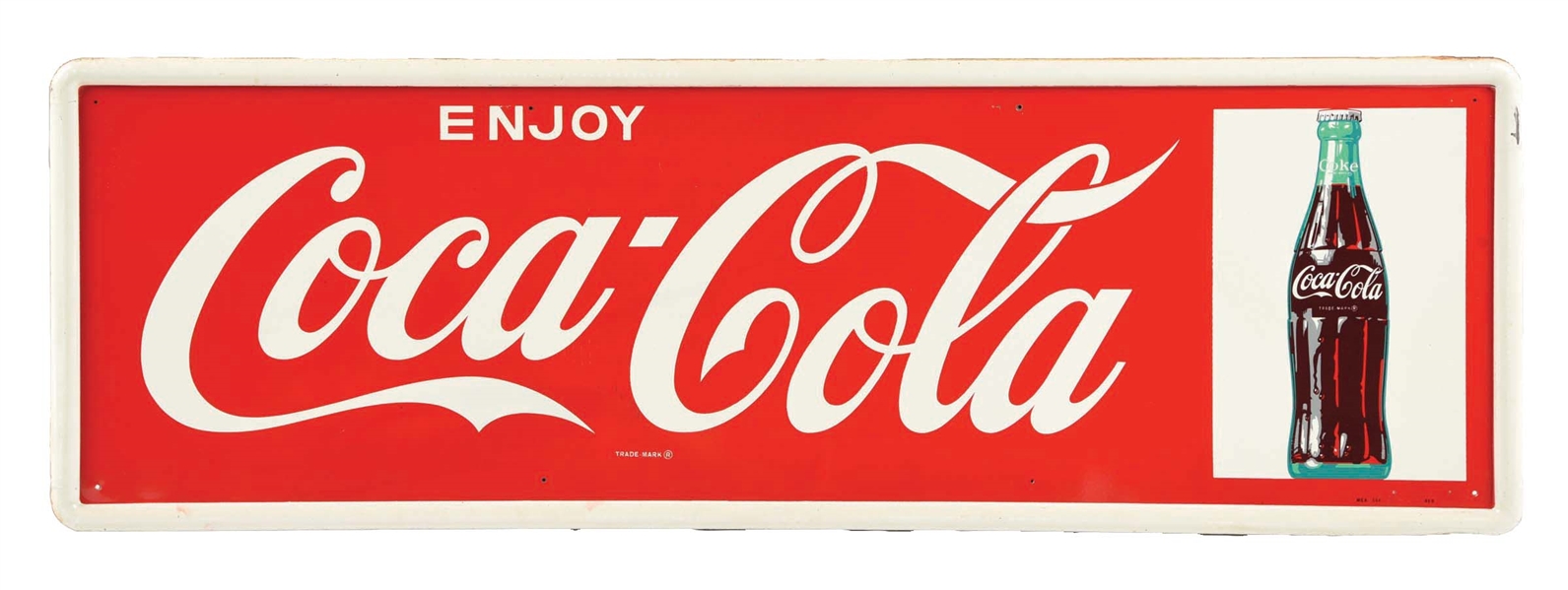 "ENJOY COCA-COLA" SELF-FRAMED TIN SIGN W/ BOTTLE GRAPHIC.