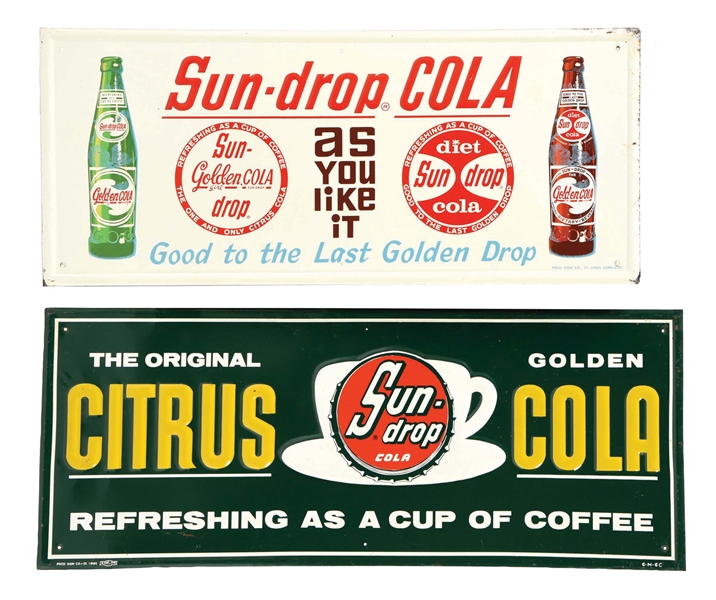 COLLECTION OF 2: SUNDROP COLA SELF-FRAMED EMBOSSED TIN SIGN W/ BOTTLECAP & BOTTLE GRAPHIC.