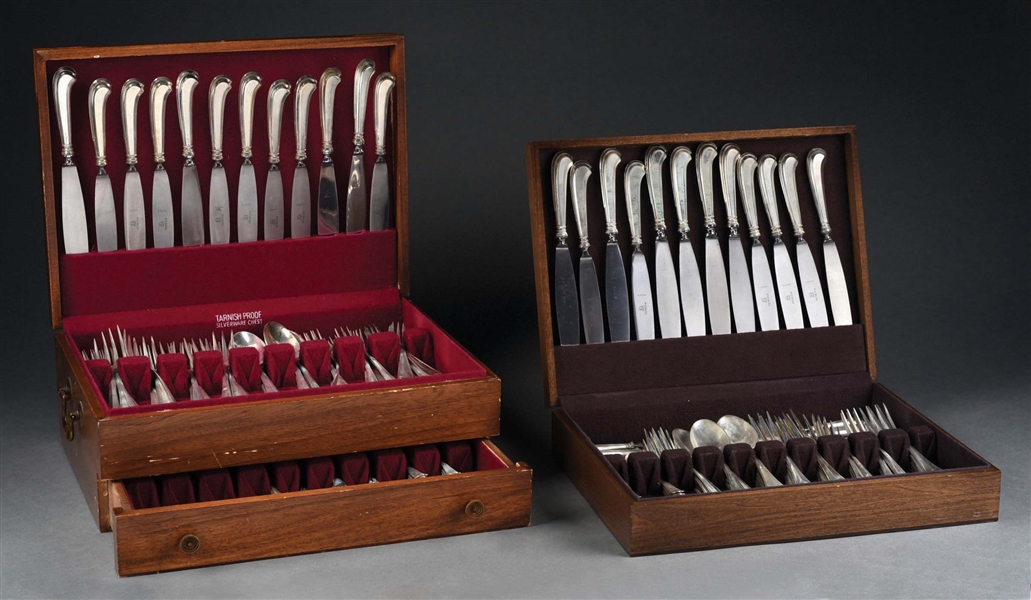 LOT OF 2: LARGE FLATWARE .800 SILVER VENEZIA PATTERN SETS IN WOODEN CASES