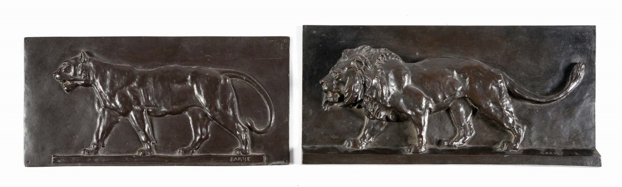 LION AND LIONESS BRONZE PLAQUES AFTER ANTOINE-LOUIS BARYE (1796-1875).