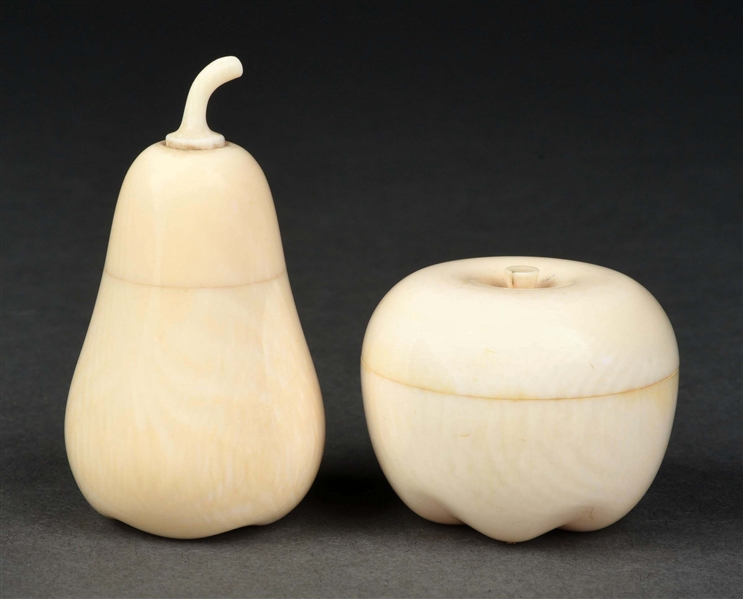 LOT OF 2: CARVED IVORY APPLE & PEAR FRUIT CONTAINERS