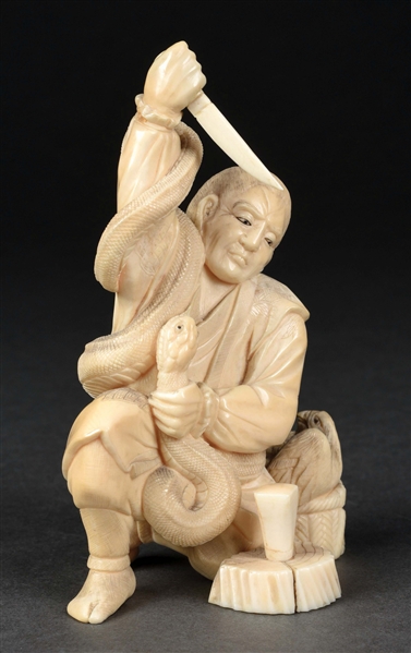 CARVED IVORY ASIAN MAN W/ DAGGER KILLING SNAKE