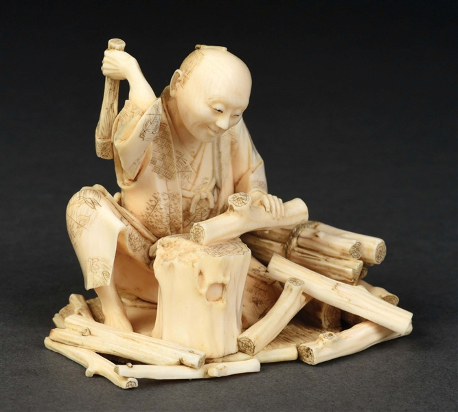 CARVED IVORY ASIAN MAN CHOPPING WOOD