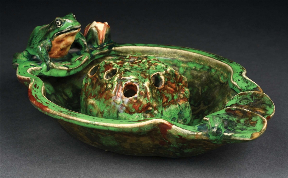 WELLER POTTERY "COPPERTONE" FROG LILY PAD BOWL W/ REMOVABLE FLOWER FROG