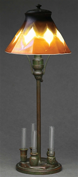 TIFFANY STUDIOS FAVRILE GLASS & BRONZE DESK LAMP.