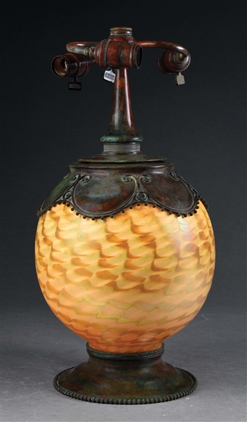 TIFFANY STUDIOS FAVRILE GLASS & BRONZE TABLE LAMP BASE.