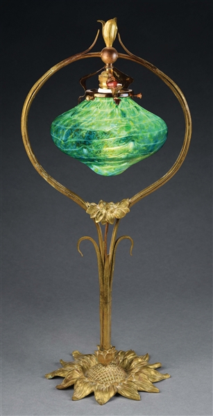 LOETZ SUNFLOWER HARP TABLE LAMP W/ GLASS SHADE.