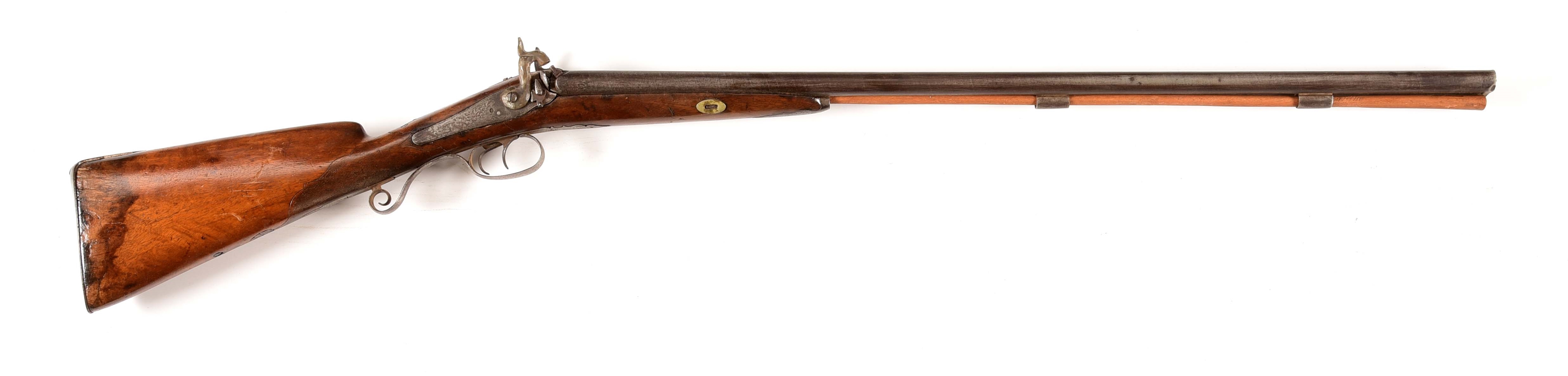 (A) BELGIAN MADE SIDE BY SIDE PERCUSSION SHOTGUN.