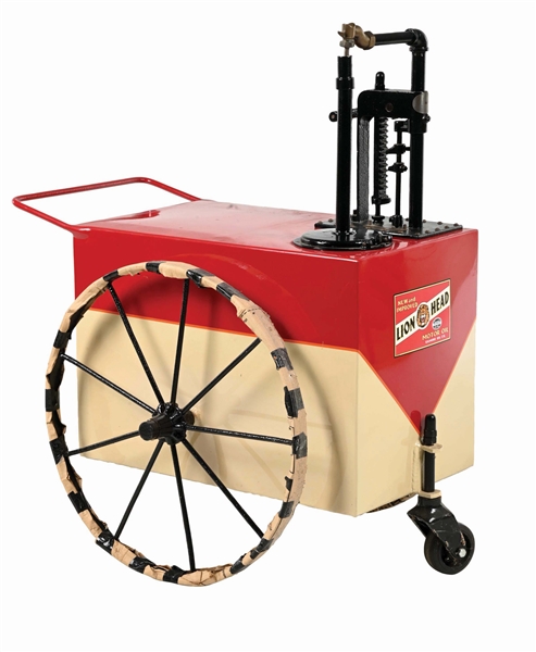 SERVICE STATION OIL LUBSTER CART RESTORED IN GILMORE LION HEAD MOTOR OIL. 