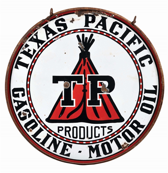 TEXAS PACIFIC MOTOR OIL PRODUCTS PORCELAIN SIGN W/ RING.