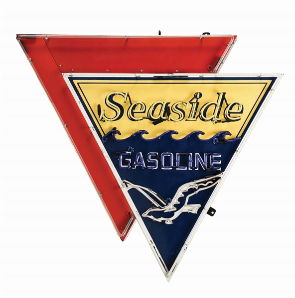 SEASIDE GASOLINE PORCELAIN SERVICE STATION SIGN W/ ADDED NEON. 