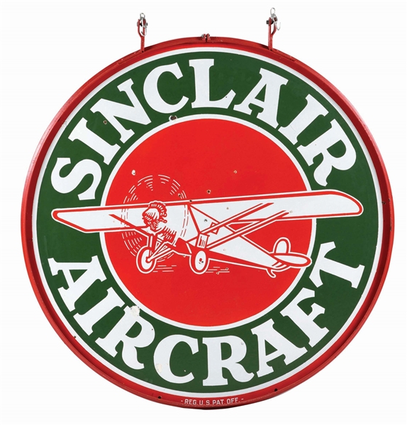 SINCLAIR AIRCRAFT PORCELAIN SIGN W/ AIRPLANE GRAPHIC & METAL RING.