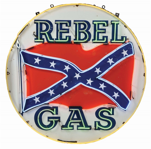 REBEL GAS PORCELAIN SIGN W/ ADDED NEON. 