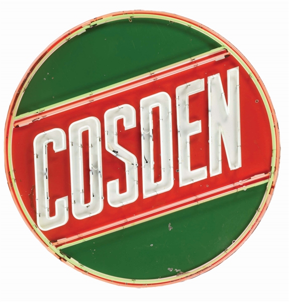 COSDEN GASOLINE PORCELAIN SERVICE STATION SIGN W/ ADDED NEON. 