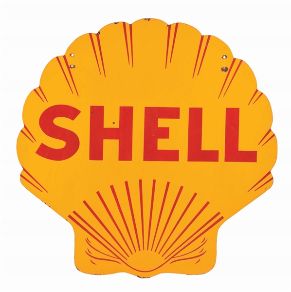 SHELL GASOLINE DIE CUT PORCELAIN CLAM SHELL SIGN.