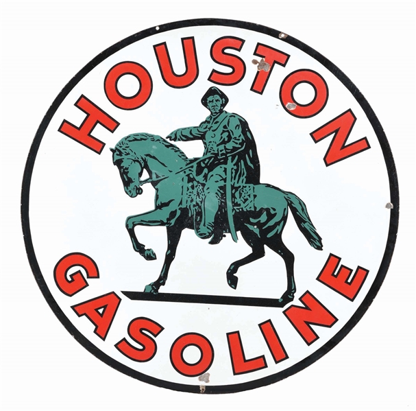 INCREDIBLE HOUSTON GASOLINE PORCELAIN SERVICE STATION SIGN W/ SAM HOUSTON GRAPHIC