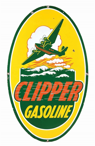 CLIPPER GASOLINE PORCELAIN SIGN WITH AIRPLANE GRAPHIC.