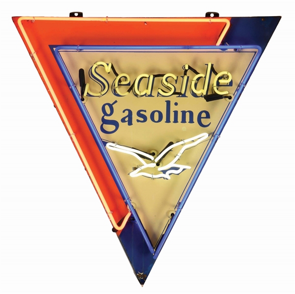 SEASIDE GASOLINE PORCELAIN SIGN W/ ADDED NEON. 