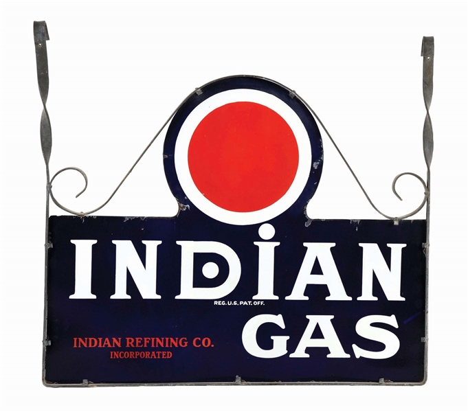 INDIAN GAS DOUBLE SIDED PORCELAIN SIGN W/ METAL HANGER.