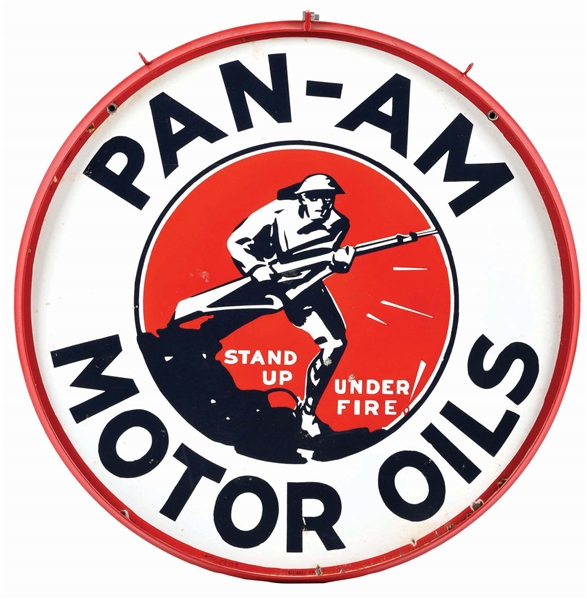 PAN-AM MOTOR OILS “DOUGH BOY” PORCELAIN SIGN W/ METAL RING.