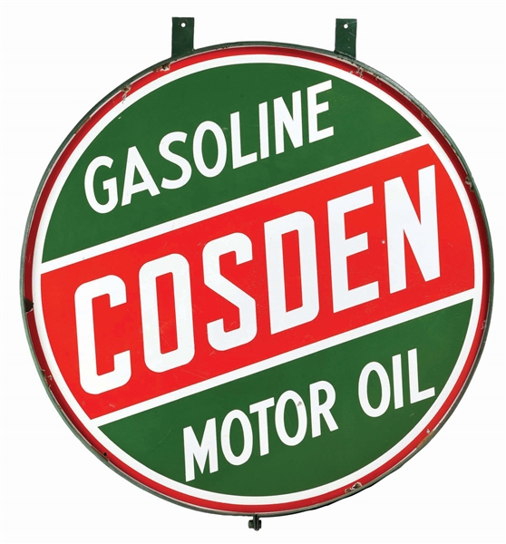 COSDEN GASOLINE MOTOR OIL PORCELAIN SIGN W/ METAL RING.